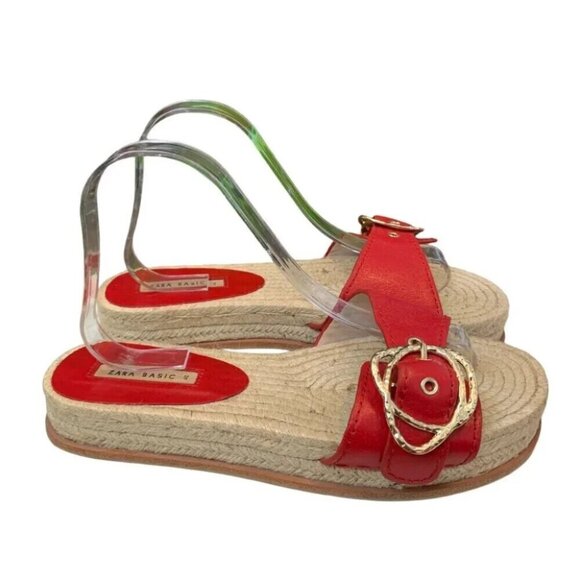 Zara Basic Sandals Womens 9/40 Red Gold Espadrille Flats Slip On Beach Vacation - Picture 2 of 7